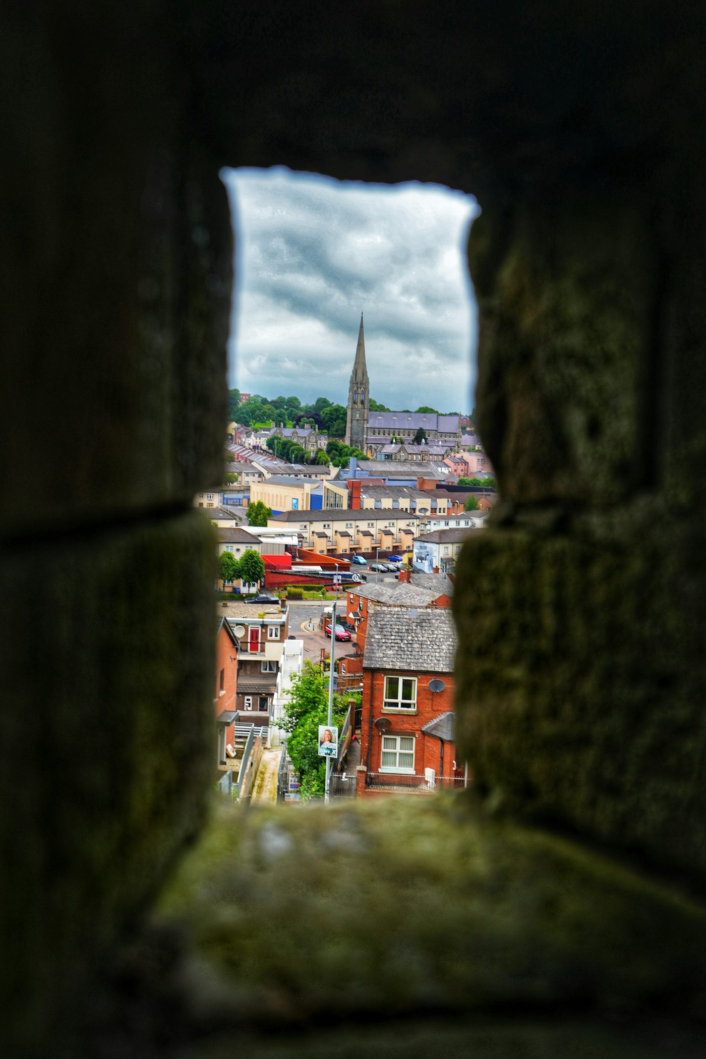 View through Derry city walls overlooking the Walled City