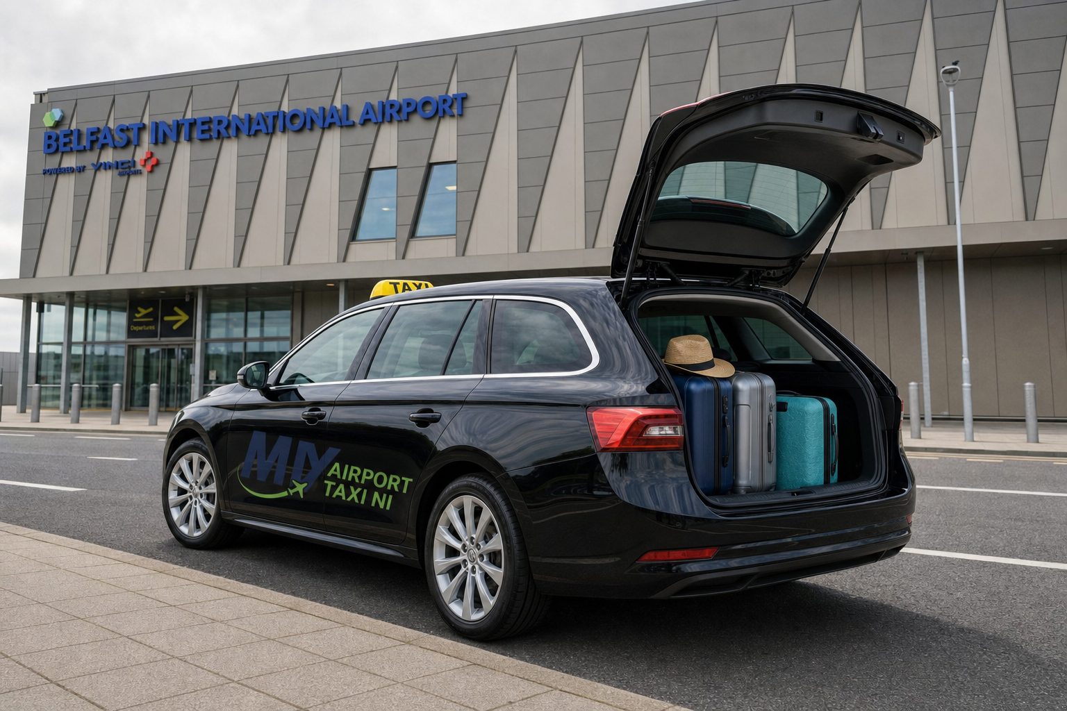 My Airport Taxi NI estate car with open boot and suitcases at Belfast International Airport